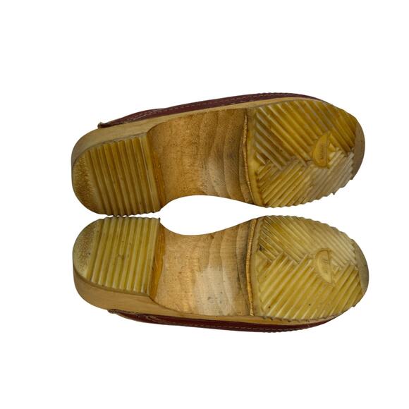 Olaf Daughters Vintage 70s Rusty Brown Leather Swedish Wooden Clogs Size 37 - Picture 9 of 9